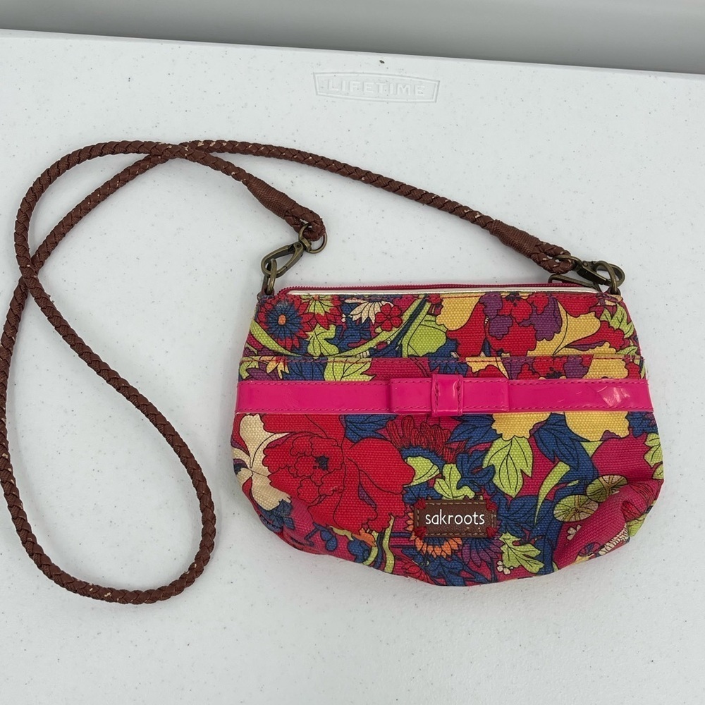 Sakroots floral mini pink patent leather bow crossbody bag